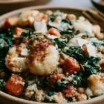 Harvest Quinoa Grain Bowl served with roasted cauliflower, sweet potatoes, kale, quinoa, pumpkin seeds, and parmesan shavings