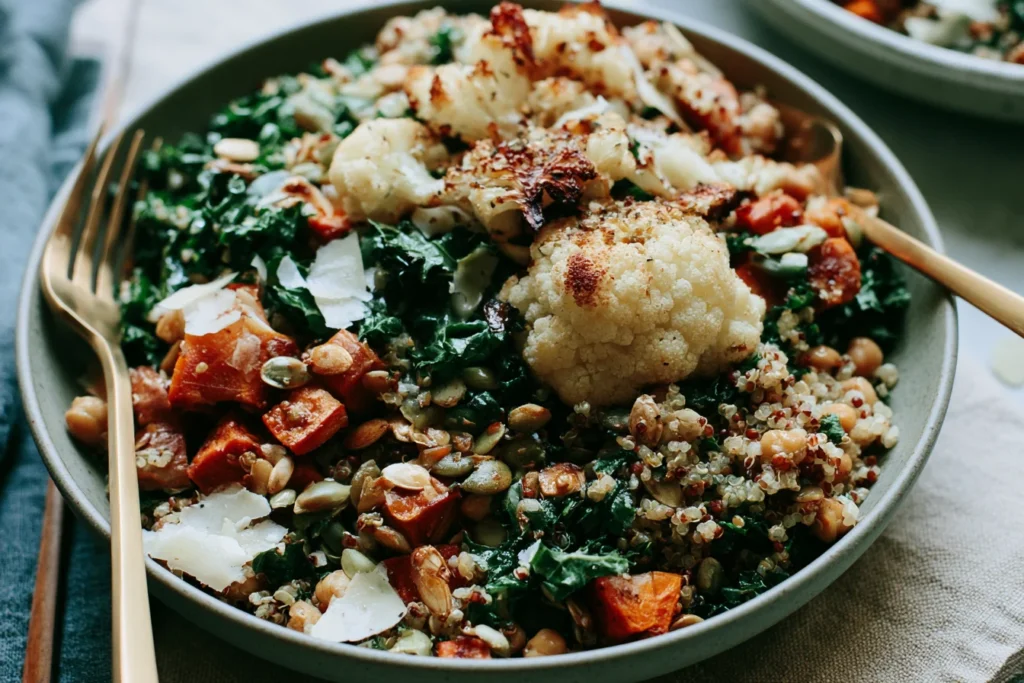 Harvest Quinoa Grain Bowl with roasted cauliflower, sweet potatoes, kale, pumpkin seeds, quinoa, and shaved parmesan