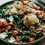 Harvest Quinoa Grain Bowl with roasted cauliflower, sweet potatoes, kale, pumpkin seeds, quinoa, and shaved parmesan