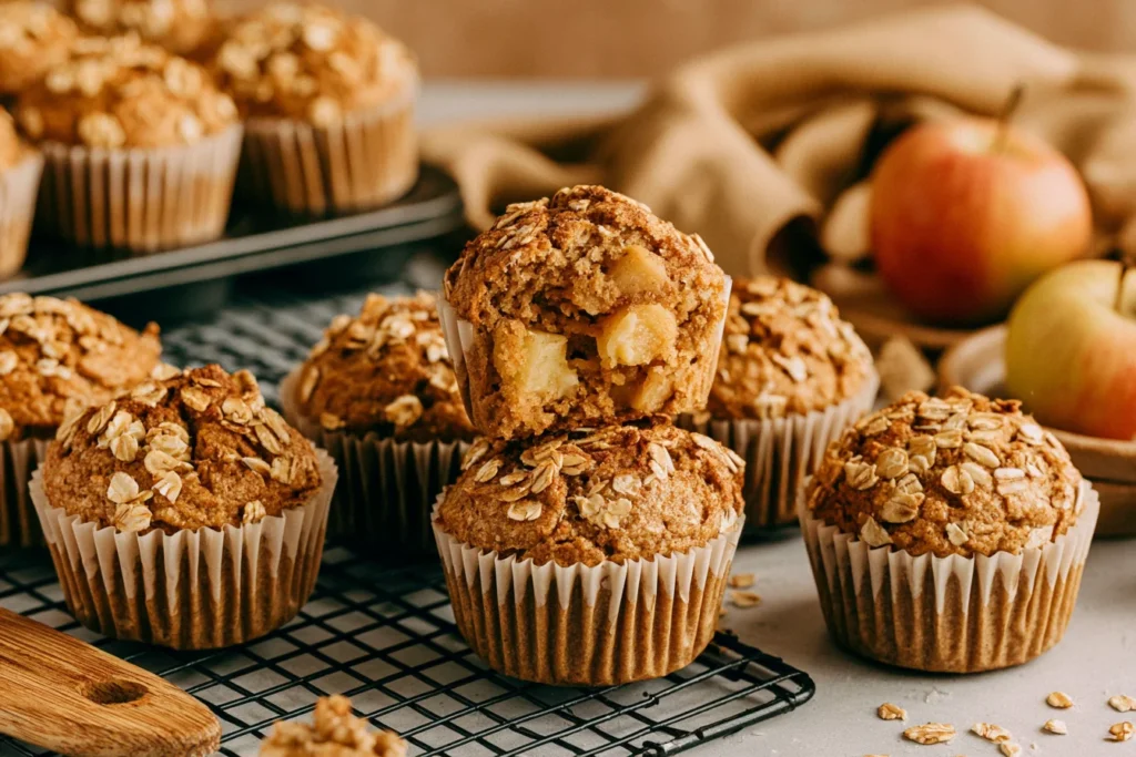 Healthy Apple Cinnamon Oat Muffins showing a moist apple-filled center with rolled oats on top