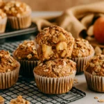 Healthy Apple Cinnamon Oat Muffins showing a moist apple-filled center with rolled oats on top