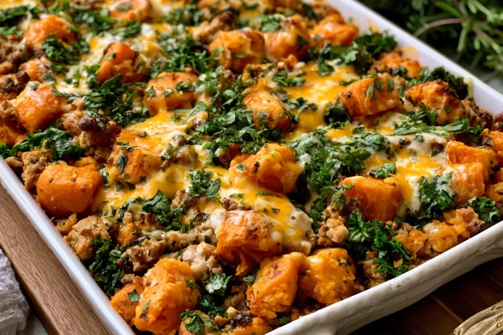 Healthy Ground Turkey Sweet Potato Bake topped with melted cheddar cheese and roasted sweet potatoes