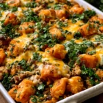 Healthy Ground Turkey Sweet Potato Bake topped with melted cheddar cheese and roasted sweet potatoes