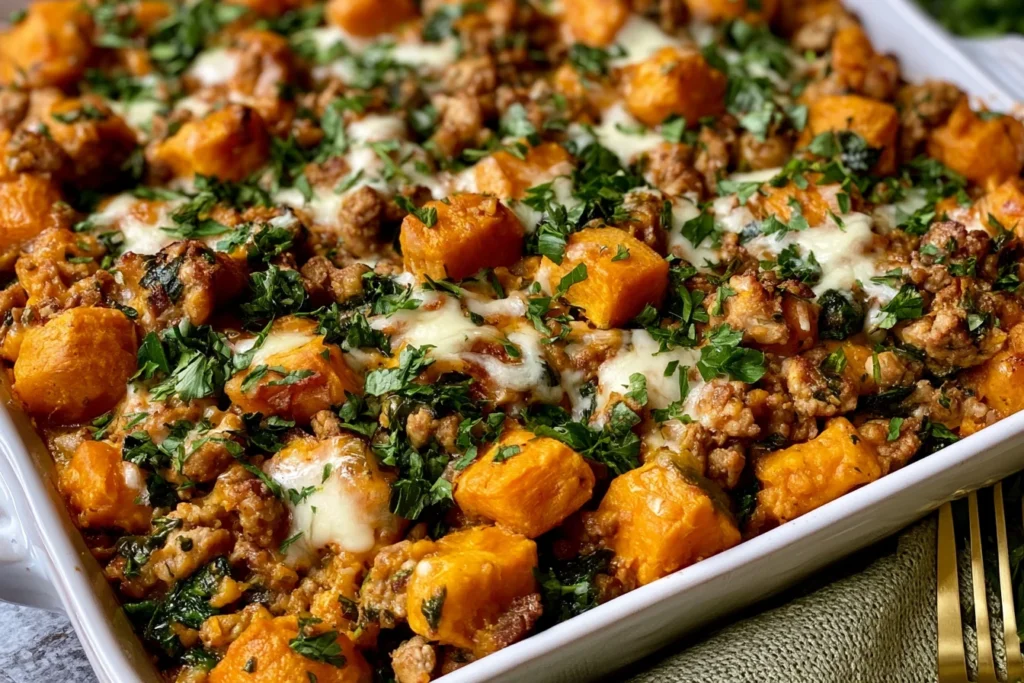 Healthy Ground Turkey Sweet Potato Bake with roasted sweet potatoes, lean ground turkey, spinach, and melted cheddar cheese