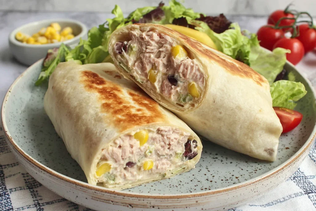 Healthy Tuna Melt Wrap Recipe with melted cheese, tuna salad, sweet corn, and crisp lettuce served on a plate