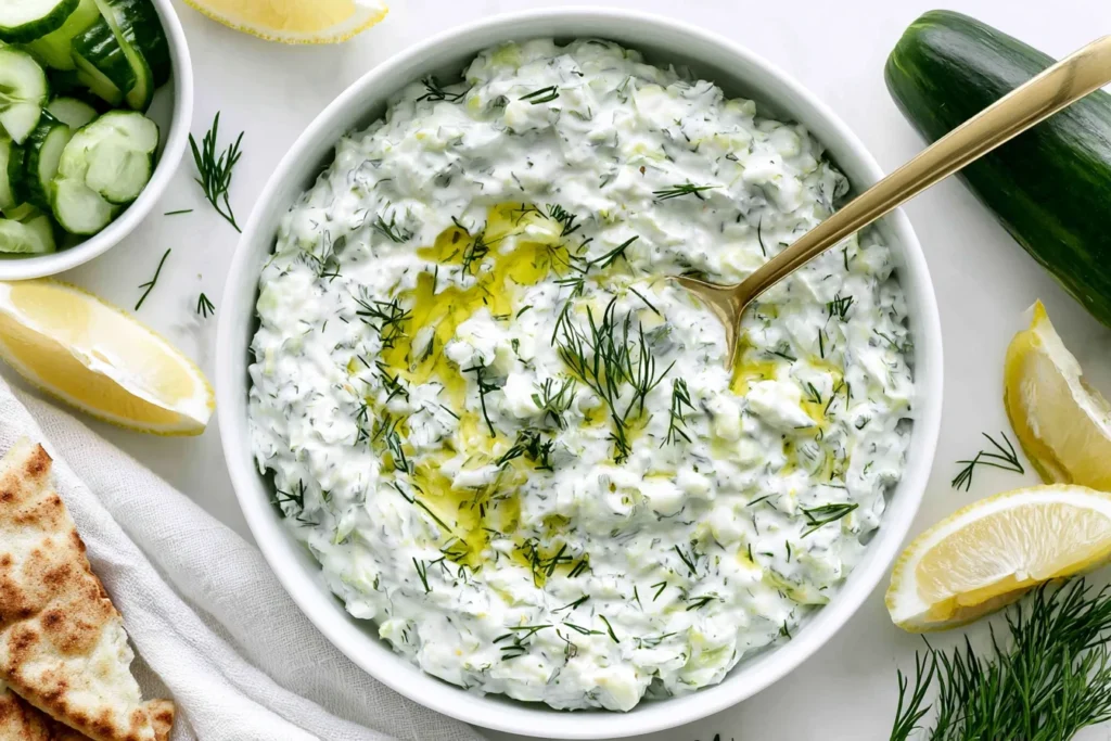 Healthy Tzatziki Sauce served with cucumber slices, lemon wedges, and warm pita bread