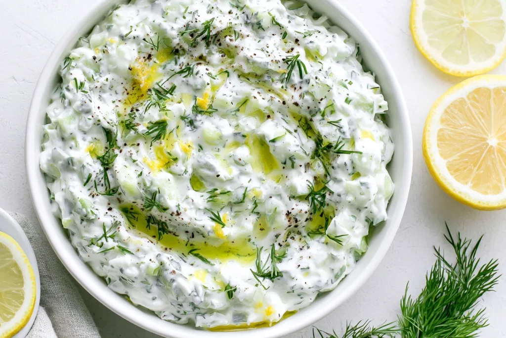 Healthy Tzatziki Sauce made with Greek yogurt, cucumber, fresh dill, lemon, and olive oil in a white serving bowl