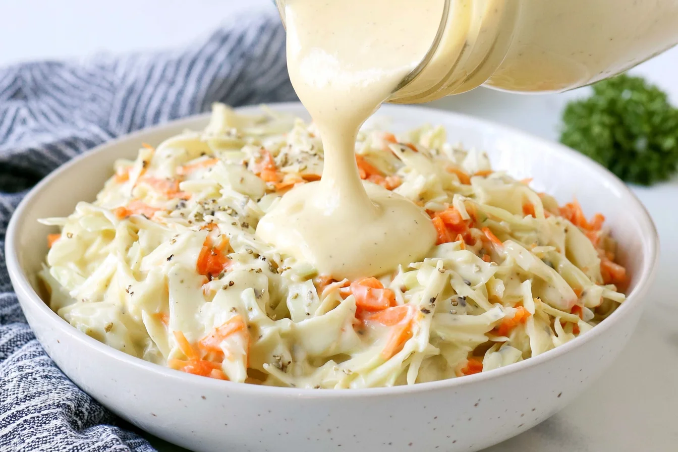 Homemade Coleslaw Dressing being poured over fresh cabbage slaw for a creamy side dish