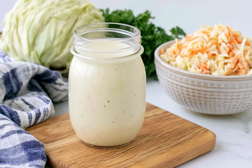 Homemade Coleslaw Dressing in a mason jar with fresh cabbage and coleslaw in the background