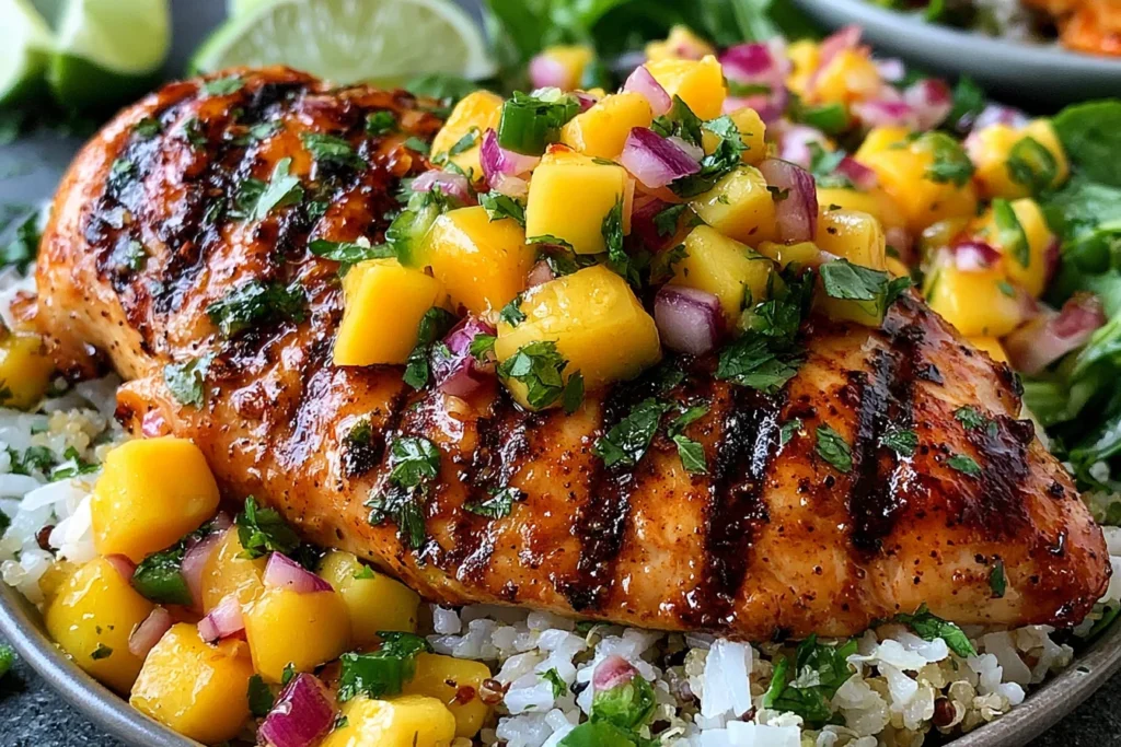Honey Lime Chicken with Mango Salsa featuring glazed grilled chicken over rice with fresh mango salsa and lime wedges