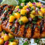 Honey Lime Chicken with Mango Salsa featuring glazed grilled chicken over rice with fresh mango salsa and lime wedges