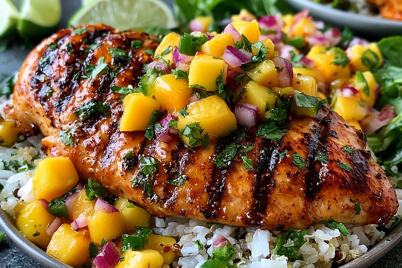 Honey Lime Chicken with Mango Salsa featuring glazed grilled chicken over rice with fresh mango salsa and lime wedges