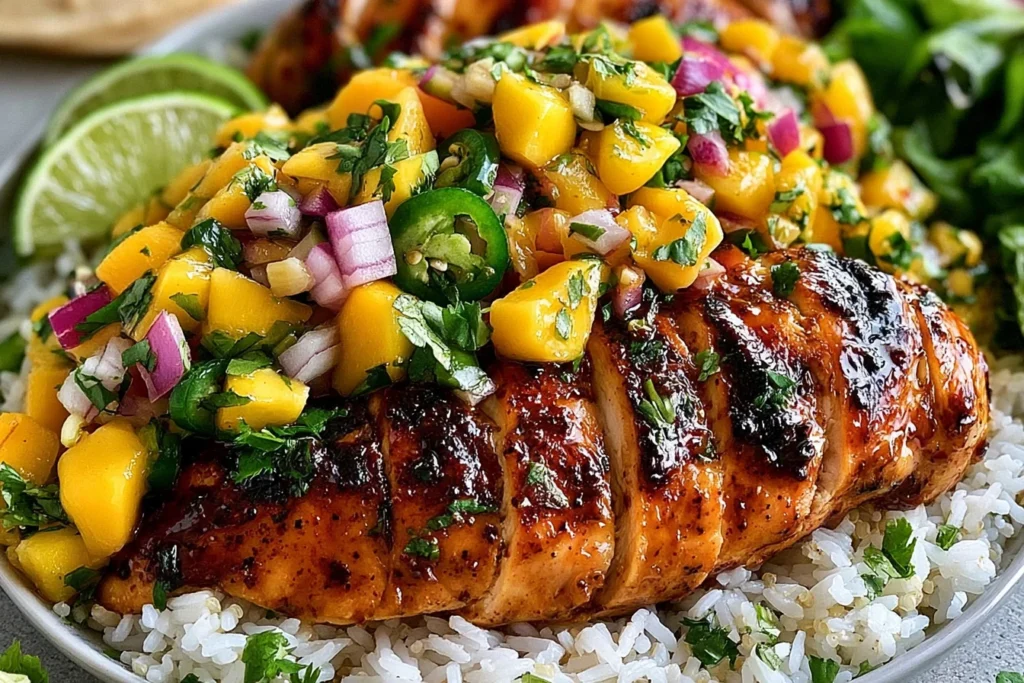 Honey Lime Chicken with Mango Salsa served over rice with grilled chicken, fresh mango, red onion, jalapeño, and cilantro