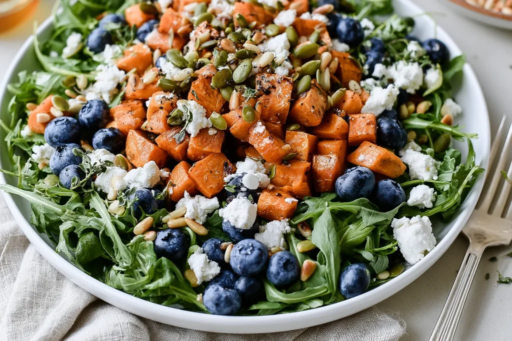 Honey Sweet Potato Summer Salad topped with roasted sweet potatoes, blueberries, goat cheese, pepitas, and pine nuts