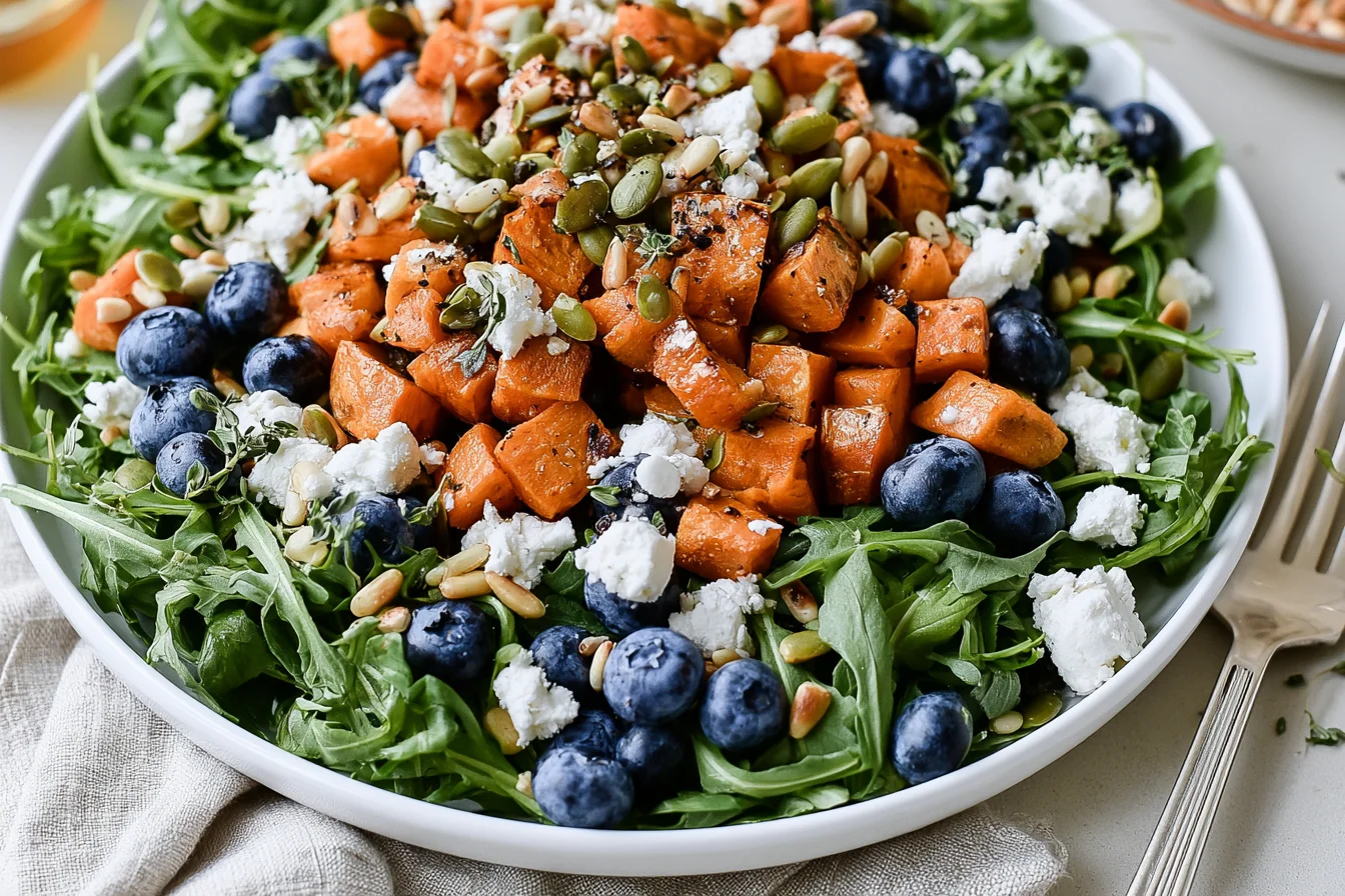 Honey Sweet Potato Summer Salad topped with roasted sweet potatoes, blueberries, goat cheese, pepitas, and pine nuts
