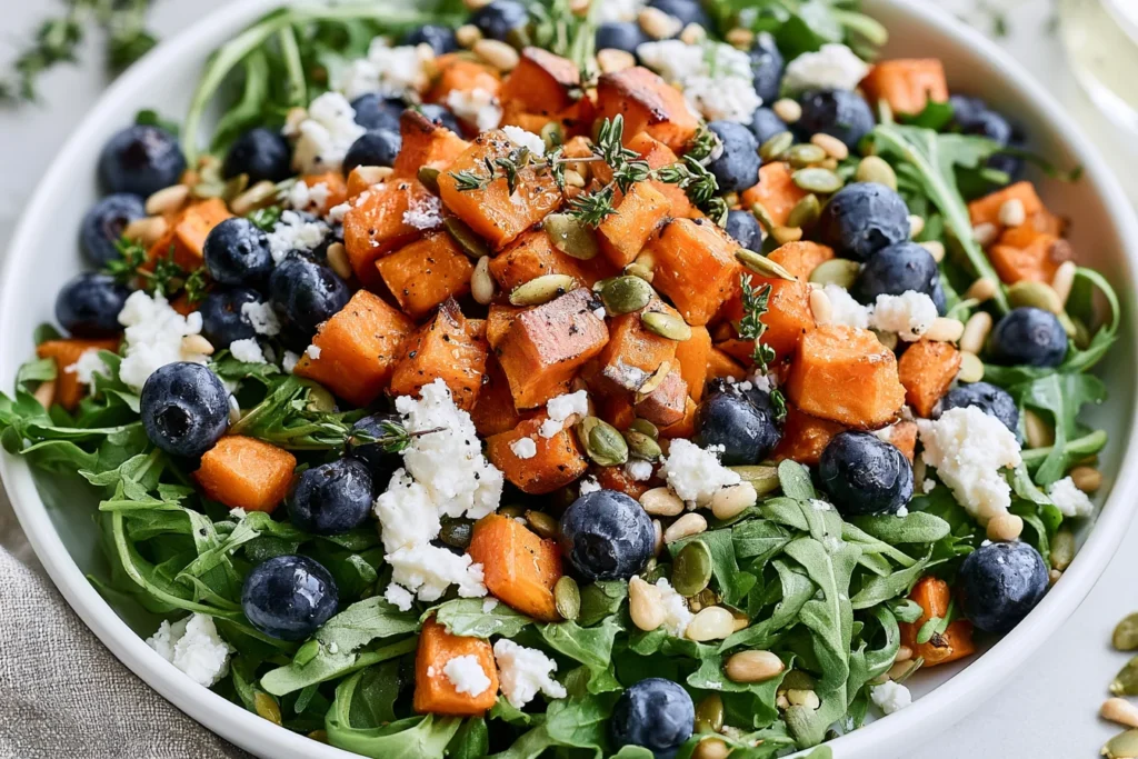 Honey Sweet Potato Summer Salad with roasted sweet potatoes, blueberries, goat cheese, arugula, pepitas, and pine nuts