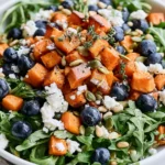 Honey Sweet Potato Summer Salad with roasted sweet potatoes, blueberries, goat cheese, arugula, pepitas, and pine nuts