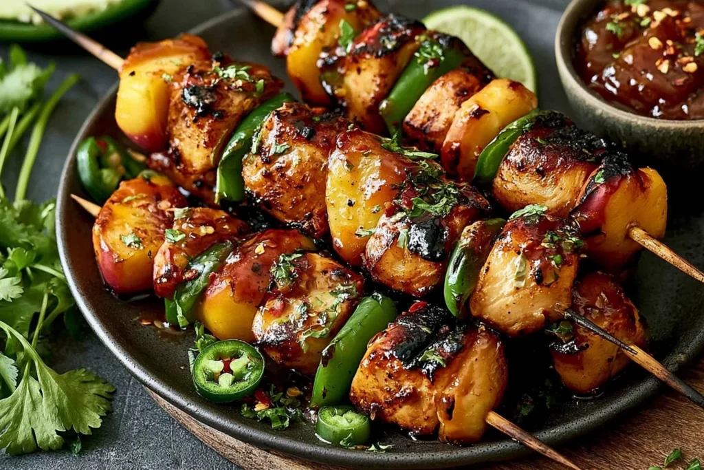Jalapeno Peach Chicken Skewers served with caramelized peaches and jalapeños brushed with peach glaze