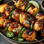 Jalapeno Peach Chicken Skewers served with caramelized peaches and jalapeños brushed with peach glaze