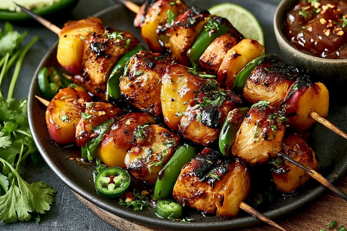 Jalapeno Peach Chicken Skewers served with caramelized peaches and jalapeños brushed with peach glaze