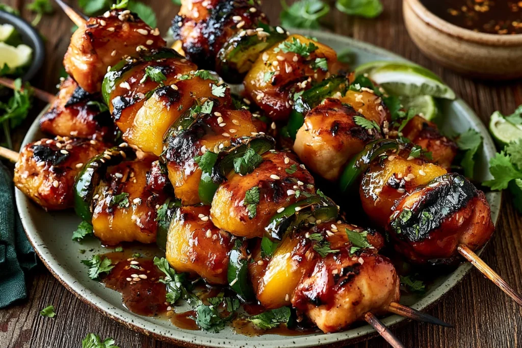 Jalapeno Peach Chicken Skewers with grilled peaches, jalapeños, and peach glaze on a serving platter
