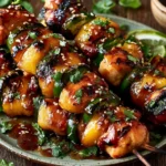 Jalapeno Peach Chicken Skewers with grilled peaches, jalapeños, and peach glaze on a serving platter
