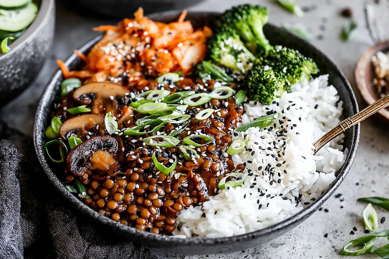 Korean Lentils Vegan Bulgogi Recipe topped with green onions and sesame seeds, served with rice, broccoli, and kimchi