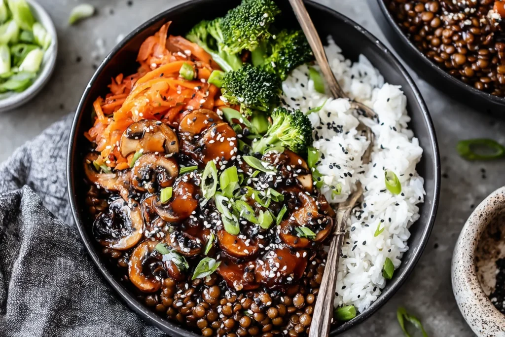 Korean Lentils Vegan Bulgogi Recipe served with rice, shiitake mushrooms, broccoli, kimchi, green onions, and sesame seeds
