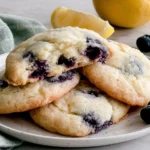 Lemon Blueberry Cookies stacked on a plate with fresh blueberries and lemon, showing their soft bakery-style texture