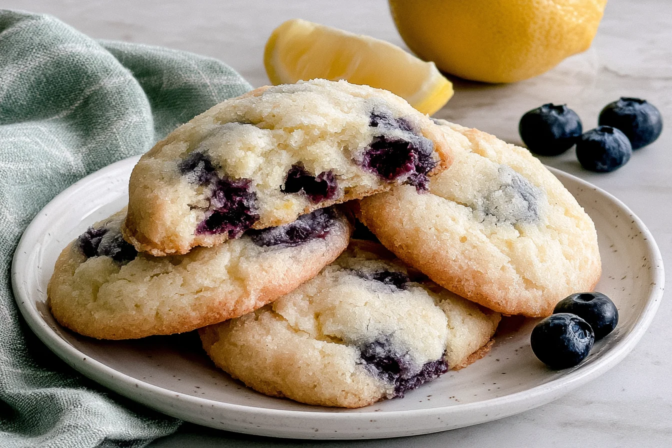 Lemon Blueberry Cookies stacked on a plate with fresh blueberries and lemon, showing their soft bakery-style texture