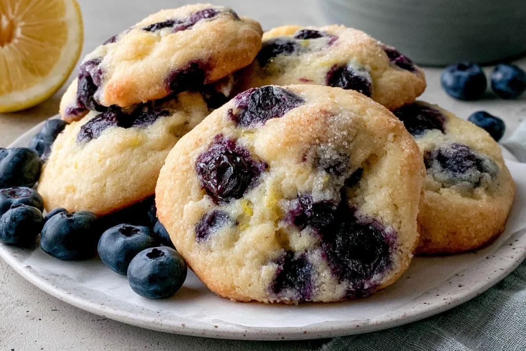 Lemon Blueberry Cookies with juicy blueberries and soft chewy centers served on a plate with fresh lemon slices