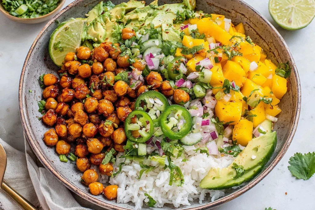 Mango Chickpea Salad Recipe with roasted chickpeas, mango salsa, avocado, cucumber, jalapeño, and rice