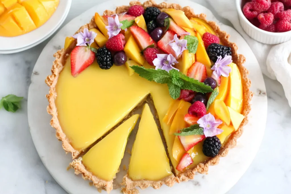 Mango Curd Tart Recipe with a sliced piece removed, revealing creamy mango curd filling and a golden tart crust
