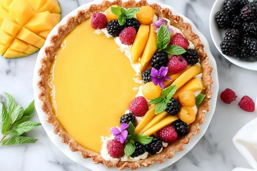Mango Curd Tart Recipe topped with fresh mango slices, berries, mint leaves, and edible flowers on a buttery tart crust