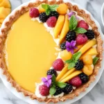 Mango Curd Tart Recipe topped with fresh mango slices, berries, mint leaves, and edible flowers on a buttery tart crust