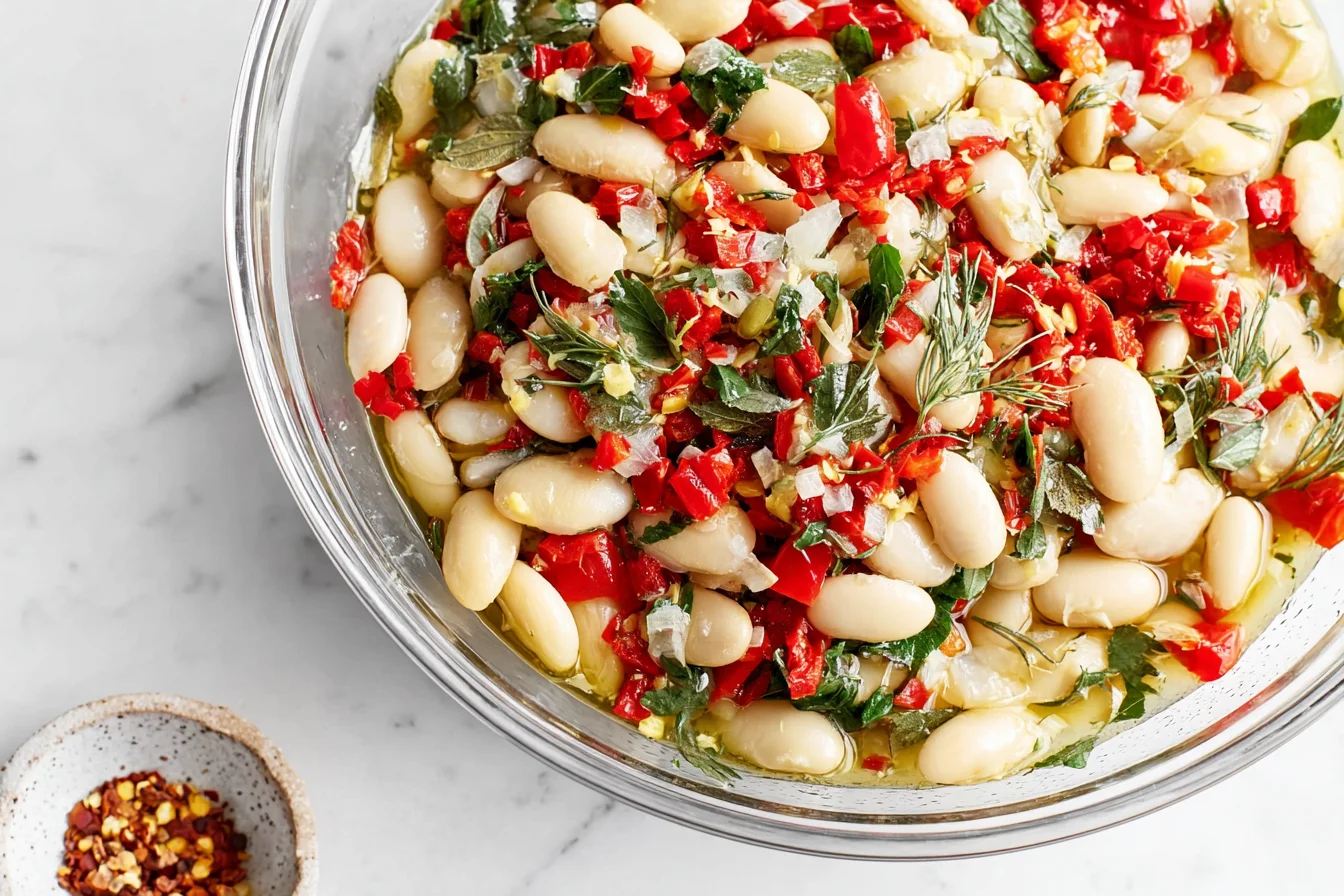 Marinated White Beans in a glass bowl with roasted red peppers, fresh herbs, lemon zest, and olive oil