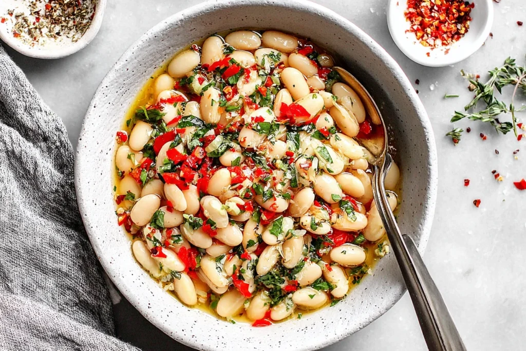 Marinated White Beans with fresh herbs, roasted red peppers, garlic, and olive oil served in a rustic bowl