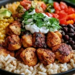 One Pan Chicken Burrito Bowl Recipe topped with grilled chicken, black beans, corn, avocado, pico de gallo, cilantro, and sour cream