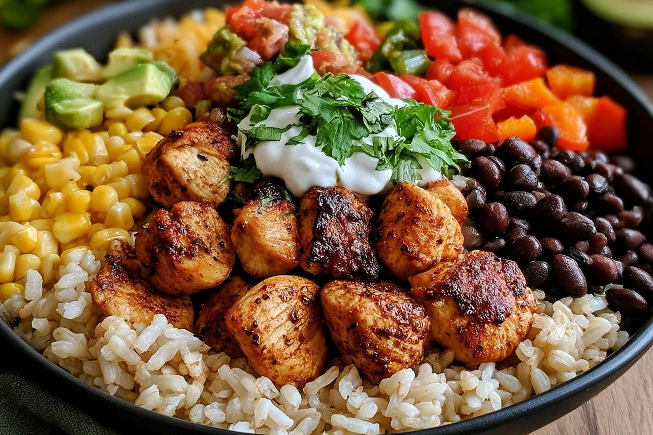 One Pan Chicken Burrito Bowl Recipe topped with grilled chicken, black beans, corn, avocado, pico de gallo, cilantro, and sour cream