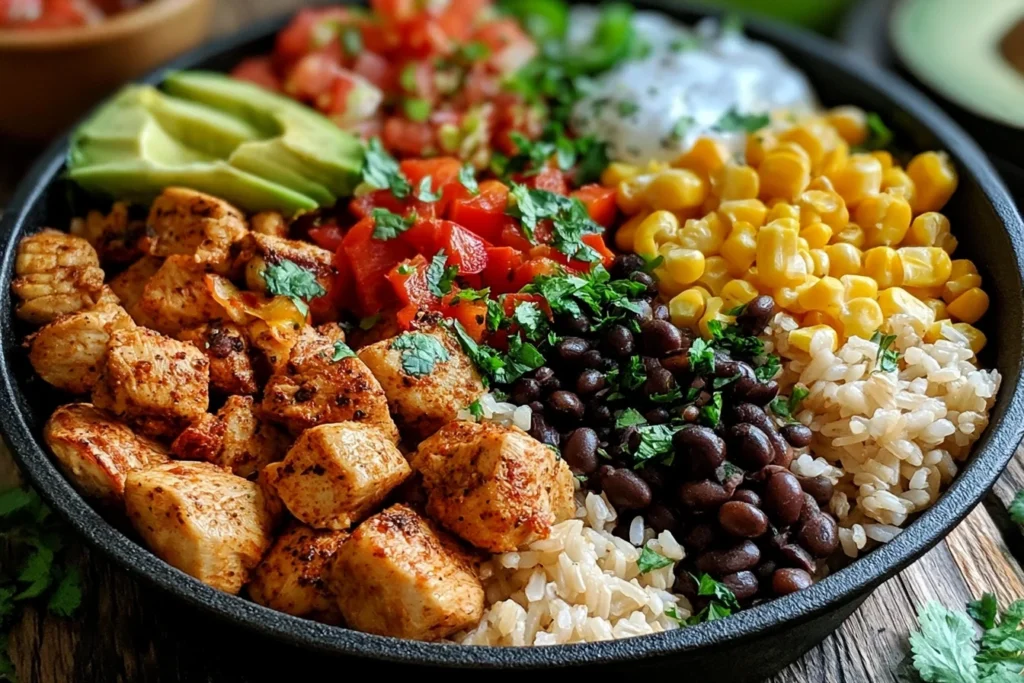 One Pan Chicken Burrito Bowl Recipe served with seasoned chicken, brown rice, black beans, corn, avocado, pico de gallo, and sour cream