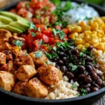 One Pan Chicken Burrito Bowl Recipe served with seasoned chicken, brown rice, black beans, corn, avocado, pico de gallo, and sour cream