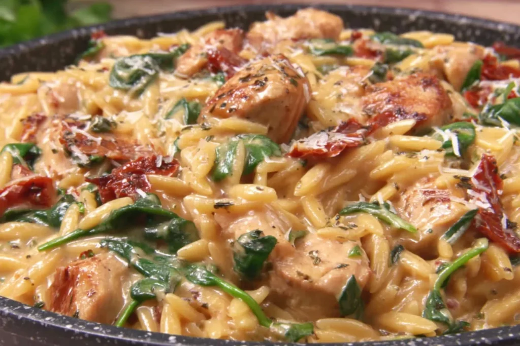 One Pan Marry Me Chicken Orzo with tender chicken, spinach, sun-dried tomatoes, and creamy Parmesan sauce in a skillet