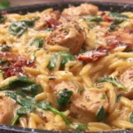 One Pan Marry Me Chicken Orzo with tender chicken, spinach, sun-dried tomatoes, and creamy Parmesan sauce in a skillet