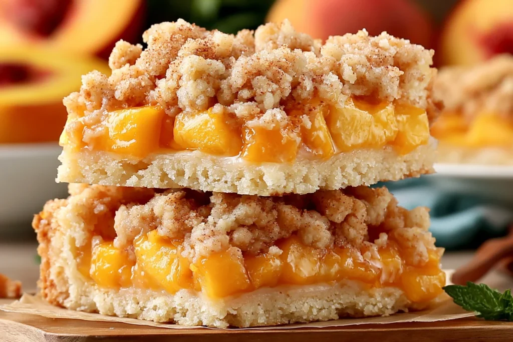 Stacked Peach Crumb Bars with buttery shortbread layers, fresh peach filling, and a golden crumble topping