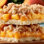 Stacked Peach Crumb Bars with buttery shortbread layers, fresh peach filling, and a golden crumble topping