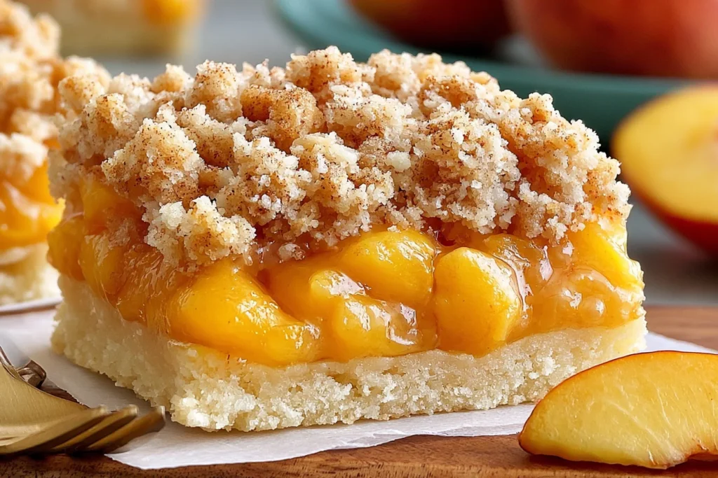 Peach Crumb Bars with juicy fresh peaches, a buttery shortbread crust, and a golden cinnamon crumble topping