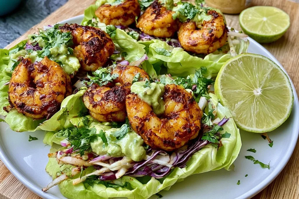 Sheet Pan Chili-Lime Shrimp Lettuce Wraps served on a white plate with creamy avocado sriracha crema, cabbage slaw, and fresh lime wedges