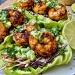 Sheet Pan Chili-Lime Shrimp Lettuce Wraps served on a white plate with creamy avocado sriracha crema, cabbage slaw, and fresh lime wedges