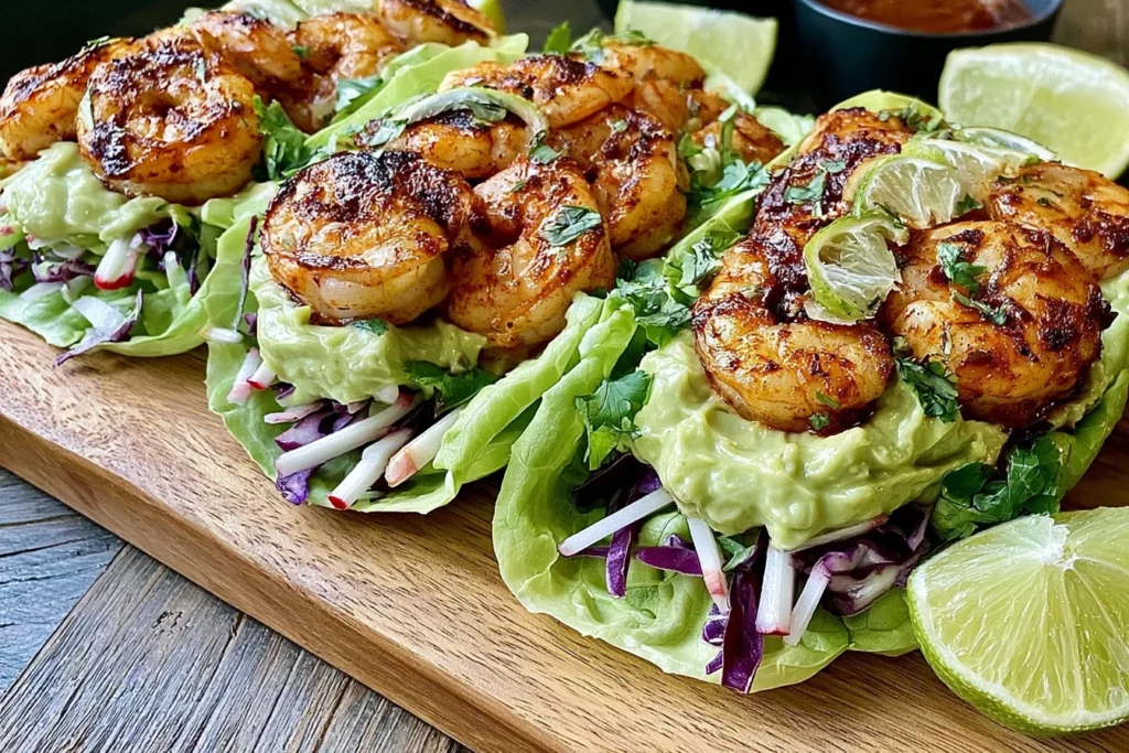 Sheet Pan Chili-Lime Shrimp Lettuce Wraps topped with avocado sriracha crema, crunchy cabbage slaw, and fresh lime on a wooden serving board