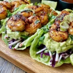 Sheet Pan Chili-Lime Shrimp Lettuce Wraps topped with avocado sriracha crema, crunchy cabbage slaw, and fresh lime on a wooden serving board
